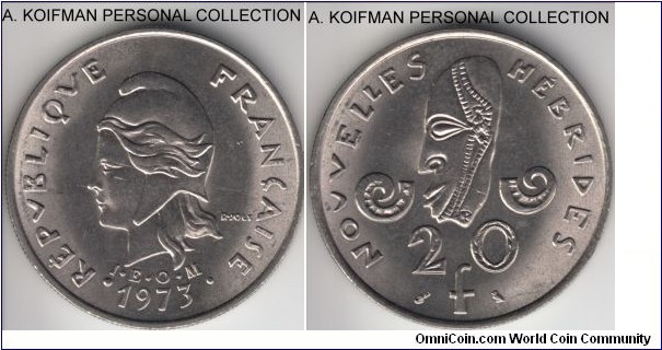 KM-3.2, 1973 New Hebrides 20 francs; nickel, reeded edge; bright uncirculated, usual bagmarks.