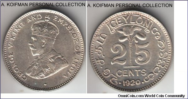 KM-105a, 1920 Cetlon 25 cents, Bombay mint (B mint mark in the crown); silver, reeded edge; white lustrous uncirculated.