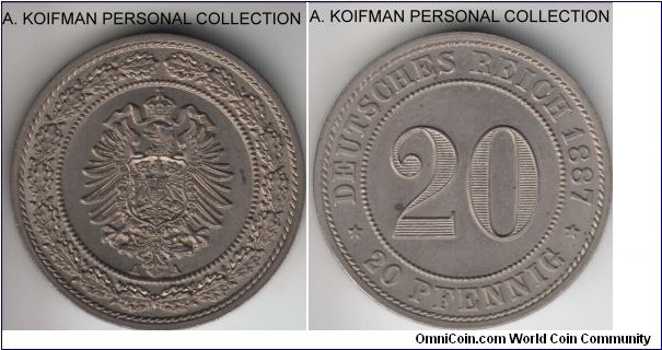 KM-9.1, 1887 Germany 20 pfennig, berlin mint (A mint mark); copper-nickel, plain edge; brilliant uncirculated.