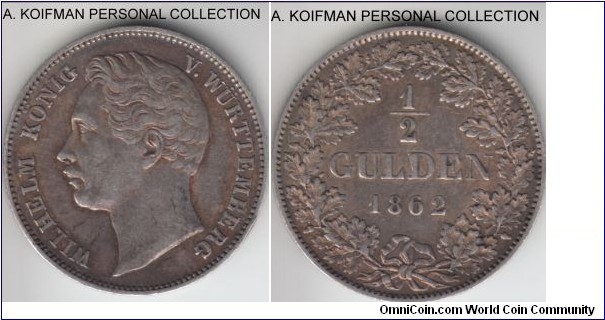 KM-604, 1862 German States Wurttemberg 1/2 gulden; silver, slant incuse reeded edge; scarcer year of the type, good very fine to about extra fine.