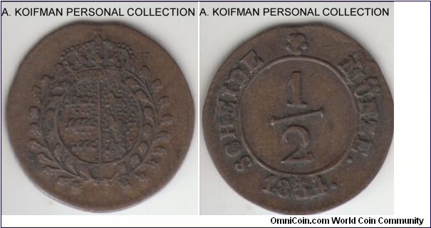 KM-457. 1834 German States Wurttemberg 1/2 kreuzer; billon; tiny coin, a small flan defect at the top, a bit of dirt and grime, very fine or about.