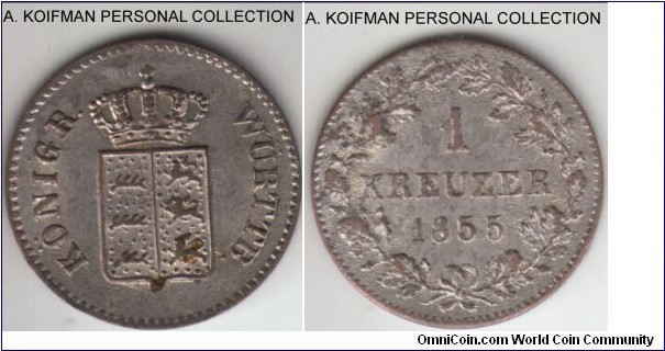 KM-590, 1855 German States Wurttemberg kreuzer; silver, plain edge; extra fine or about, dark toning typical of the low silver content coins of the period.