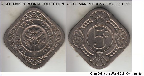 KM-47, 1948 Curacao 5 cents, Utrecht mint; copper-nickel, plain edge, square flan; one year type, average uncirculated, but bright and no typical spots.