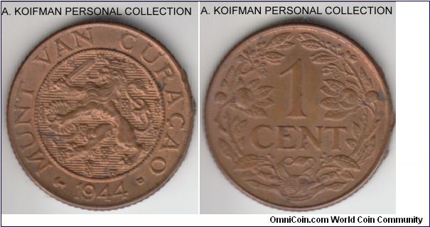 KM-41, 1944 Curacao cent, Denver mint (D mint mark); bronze, reeded edge; uncirculated, but edge grazed with 3 bumps either during the manufacturing or after.