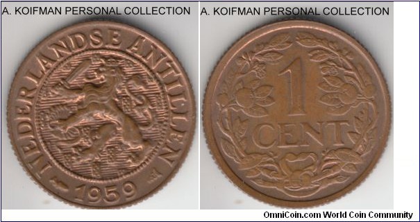 KM-1, 1959 Netherlands Antilles cent; bronze, needed edge; uncirculated red brown.