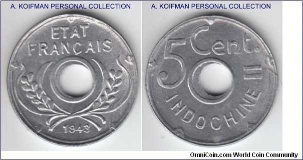 KM-27, 1943 French Indo China 5 centimes, Paris mintl; aluminum, partially grooved edge; bright uncirculated better struck for this crude issue.
