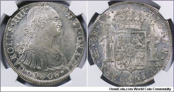 Spanish colonial, Peru, Charles IV, 8 Reales, 1808. Assayer: J.P. Lima mint. KM# 97. NGC MS63.