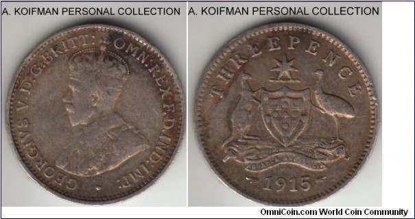 KM-24, 1915 Australia 3 pence, Royal mint (London, no mint mark); silver, plain edge; fine or slightly better, nice reverse, scarcest year of mintage for the type.