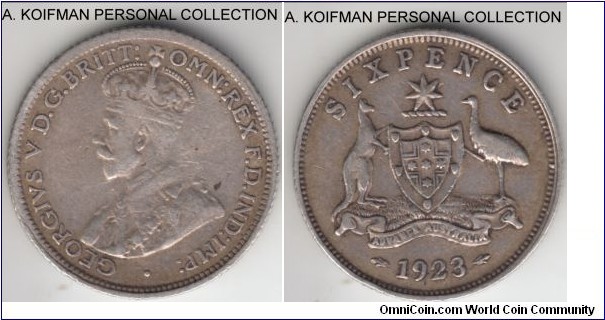 KM-25, 1923 Australia 6 pence; silver, reeded edge; about very fine details, lightly cleaned on obverse.