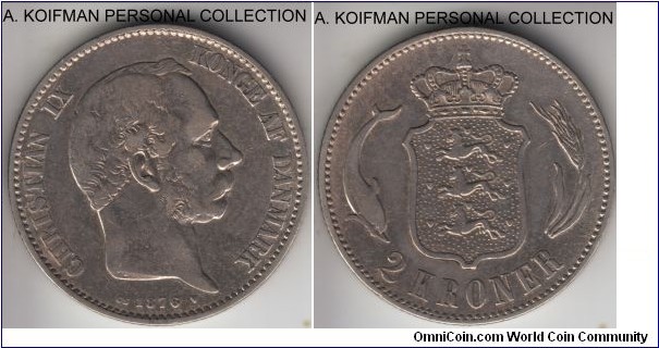 KM-798.1, 1876 Denmark 2 kroner; silver, reeded edge; very fine to good very fine, probably cleaned in the past, scarcer of the two year type.