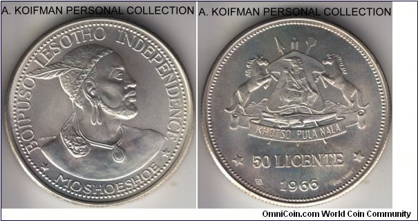 KM-4.1, 1966 Lesotho 50 licente; silver, reeded edge; brilliant uncirculated, but some mint flatness on the cheek, this is a small finess variety, mintage 17,500.