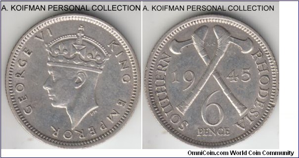 KM-17b, 1945 Southern Rhodesia 6 pence; silver, reeded edge; extra fine to about uncirculated, smallest mintage of the type, somewhat scarcer.