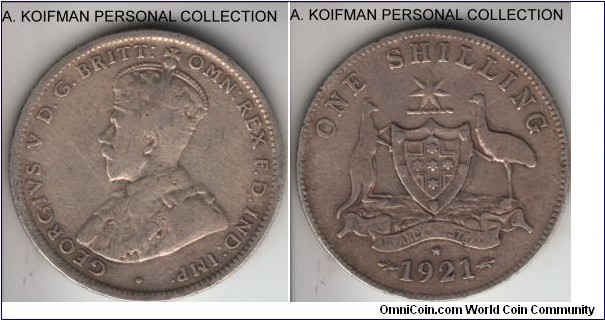 KM-26, 1921 Australia shilling, Sydney mint (star mintmark); silver, reeded; fine or about, one of the early few key years.