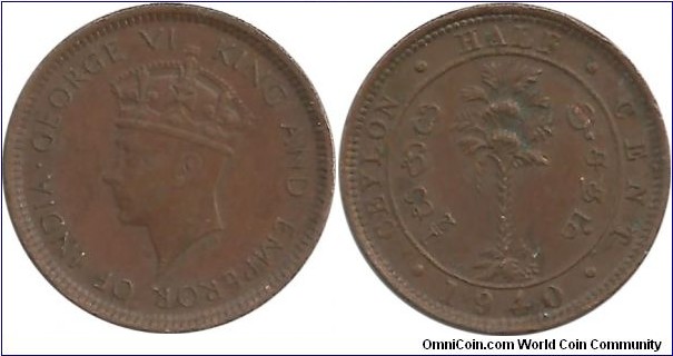 Ceylon-British ½ Cent 1940