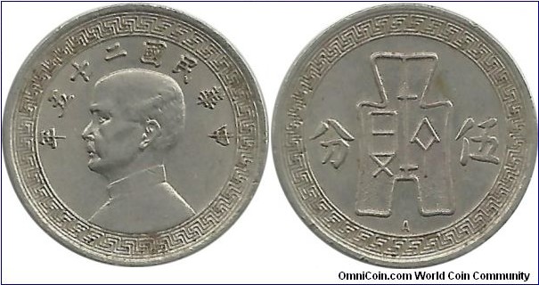 China Republic 1 Fen-5 Cents 25(1936)A