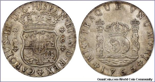 Spanish colonial, Peru, Charles III, 8 Reales, 1765. Assayer: J.M., Mint mark: LMA (Lima). LM Double Dots variety. KM# A64.1.