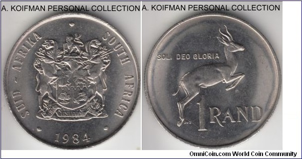 KM-88a, 1984 South Africa rand; nickel, reeded edge; about uncirculated, good luster, certainly from circulation.