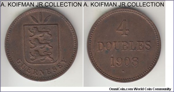 KM-5, 1908 Guernsey 4 doubles, Heaton mint (H mint mark); bronze, plain edge; Edward VII period, good extra fine, few toning bronze spots, mintage of 26,000, smallest of the type.