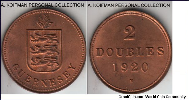 KM-12, 1920 Guernsey 2 doubles, Heaton mint (H mint mark); bronze, plain edge; red uncirculated, mintage 57,000.