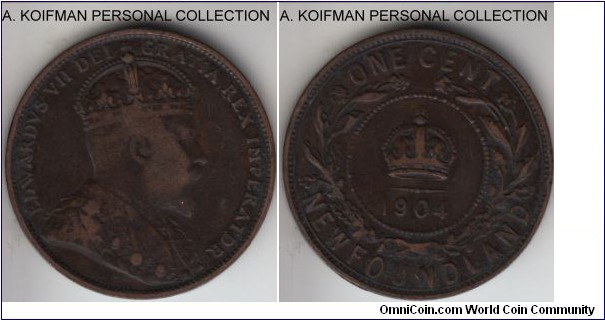 KM-9, 1904 Newfoundland, Heaton mint (H mint mark); bronze, plain edge; well circulated, very good to fine, mintage is small 100,000.