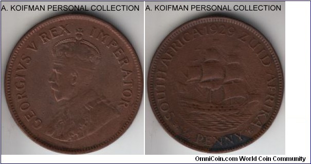 KM-13.2, 1929 South Africa (Dominion) half penny; bronze, plain edge; about very fine, but stain on reverse and cleaned in the past.