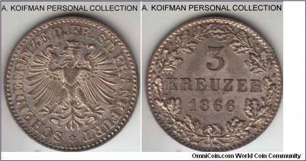 KM-373, 1866 Frankfurt  (German State) 3 kreuzer; silver, reeded edge; low silver, good extra fine or better, mintage of 96,000 for this one year type.