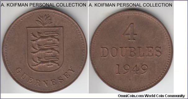 KM-13, 1949 Guernsey, Heaton mint (H mintmark) 4 doubleы; bronze, plain edge; brownish uncirculated, mintage 19,000.