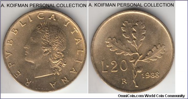 KM-97.2, 1988 Italy 20 lire, Rome mint (R mint mark); aluminum-bronze, plain edge; average uncirculated.