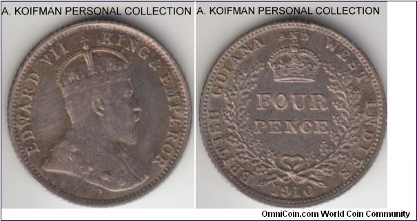 KM-27, 1911 British Guiana 4 pence; silver, reeded edge; good very fine with nice overall toning but some scratche lines on obverse, mintage of 66,000.