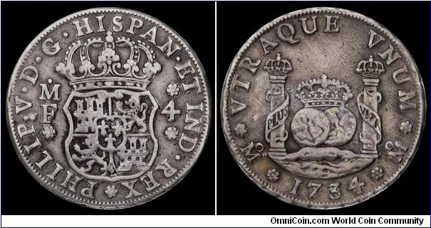 Spanish colonial, Mexico, 4 Reales, 1734. Silver. Assayer: M.F., Mexico city mint. KM# 94. Good very fine. Very scarce. 