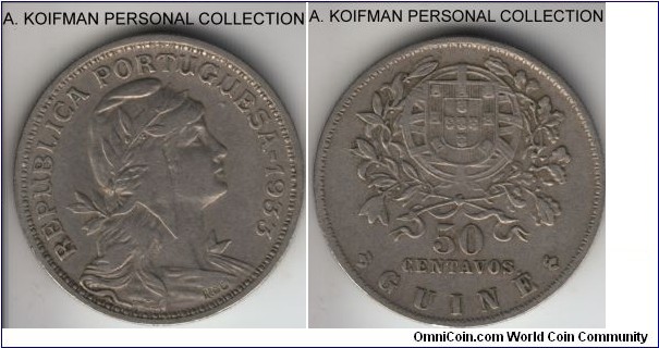 KM-4, 1933 Portuguese Guinea 50 centavos; nickel-bronze, reeded edge; scarce, very fine or about.