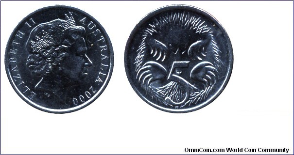 Australia, 5 cents, 2000, Cu-Ni, 19.4mm, 2.83g, Queen Elizabeth II, Short-beaked Spiny Anteater.