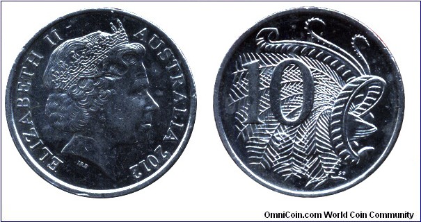 Australia, 10 cents, 2012, Cu-Ni, 23.6mm, 5.65g, Queen Elizabeth II, Lyre bird.