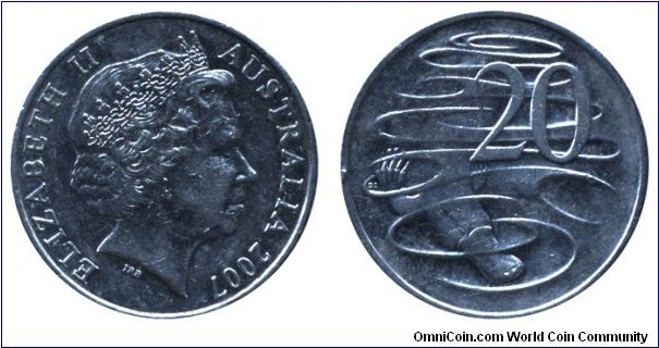 Australia, 20 cents, 2007, Cu-Ni, 28.65mm, 11.3g, Queen Elizabeth II, Duckbill Platypus.