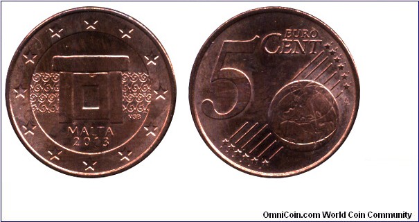 Malta, 5 cents, 2013, Cu-Steel, 21.25mm, 3.92g, Mnajdra temple altar.