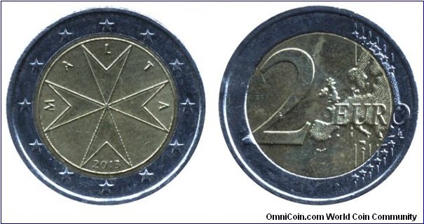 Malta, 2 euros, 2013, Cu-Ni-Ni-Brass, bi-metallic, 25.75mm, 8.5g, Cross.