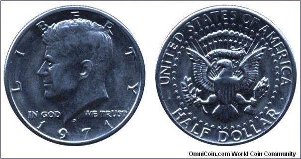 USA, half dollar, 1971, Cu-Ni, 30.6mm, 11.34g, J. F. Kennedy.
