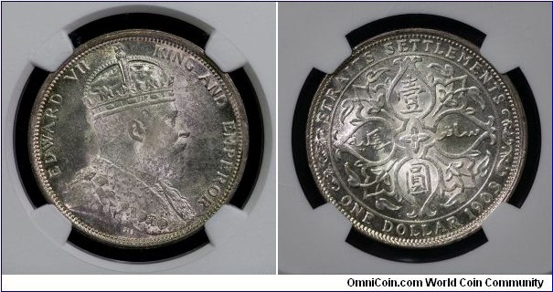 SS Kg Edward VII $1 1903 Raised B (Scarce)
Composition: Silver (.900)
Weight: 26.95 g
Diameter: 37.3 mm
Thickness: 2.5 mm
Edge Type: Reed