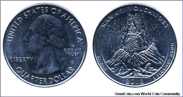 USA, 1/4 dollar, 2012, Cu-Ni, 24.26mm, 5.67g, MM: D, G. Washington, Hawai'i Volcanoes, Hawaii.
