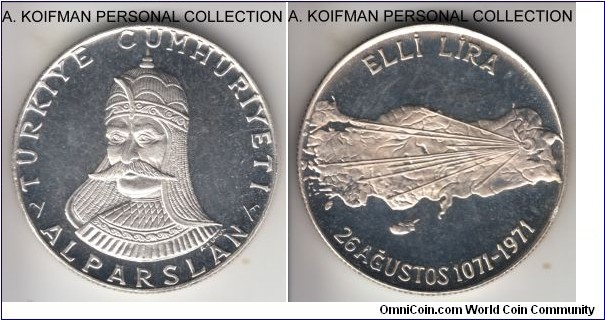 KM-900, ND (1971) Turkey 50 lira; proof, silver, reeded edge; commemorating 900'th anniversary of the battle of Malazgirt, Alparslan, strong cameo on this proof coin, proof mintage is not known.