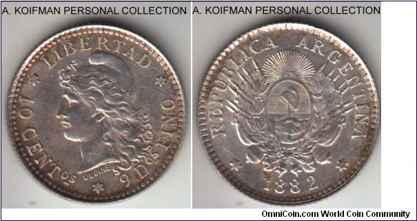 KM-26, 1882 Argentina 10 centavos; silver, reeded edge; about uncirculated obverse, but wiped and about uncirculated reverse with some peripheral toning.