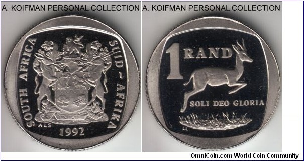 KM-138, 1992 South Africa rand; nickel plated copper, segment reeded edge; average proof, mintage 10,000.