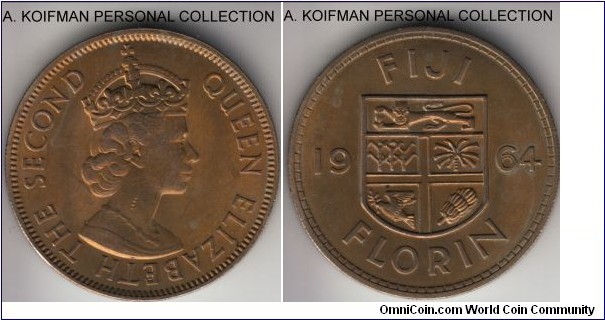 KM-24, 1964 Fiji florin; copper-nickel, reeded edge; golden toned uncirculated.