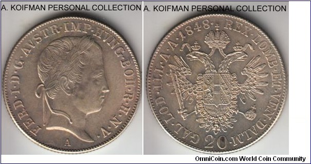 KM-2208, 1848 Austria, Vienna mint (A mint mark); silver, reeded edge; somewhat weakly struck (eagle's right wing is not fully struck below), light gray toned uncirculated, a small carbon spot on reverse.