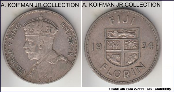 KM-5, 1934 Fiji florin; silver, reeded edge; George V, first Fiji coinage, relatively common, nice rims, good very fine to about extra fine.