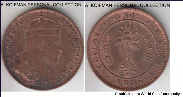 KM-102, 1906 Ceylon cent; copper, plain edge; spotted toning on this extra fine coin.