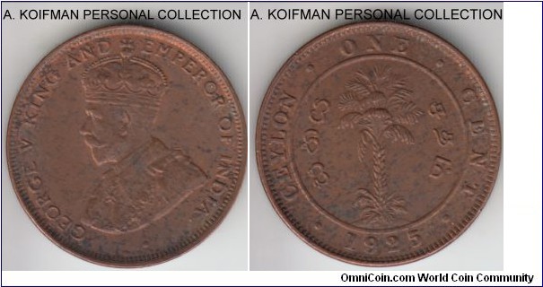 KM-107, 1925 Ceylon cent; copper, plain edge; uncirculated or about, mottled toning.