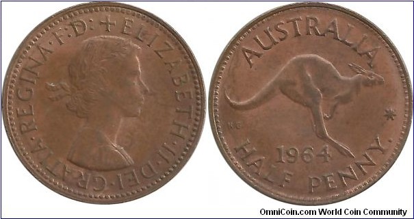 Australia ½ Penny 1964(p) - (p) Perth Dot after PENNY, 1941-51, 1954-64 (from S.C. of World Coins)