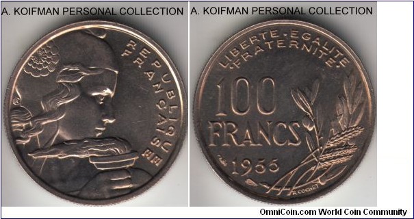 KM-919.1, 1955 France 100 francs, Paris mint; copper-nickel, reeded edge; very common but nice, better uncirculated and lustrous.