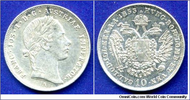 10 kreuzer.
Austrian Empire.
Franz Ioseph I (1848-1916).
*A* - Wien mint.


Ag.900f. 2,60gr.